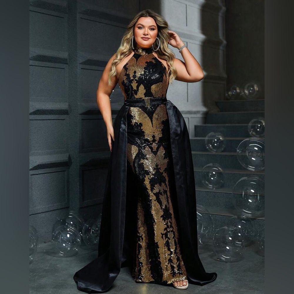 Women Plus Sequin Black & Gold Formal Evening Gown - Picture 8 of 11